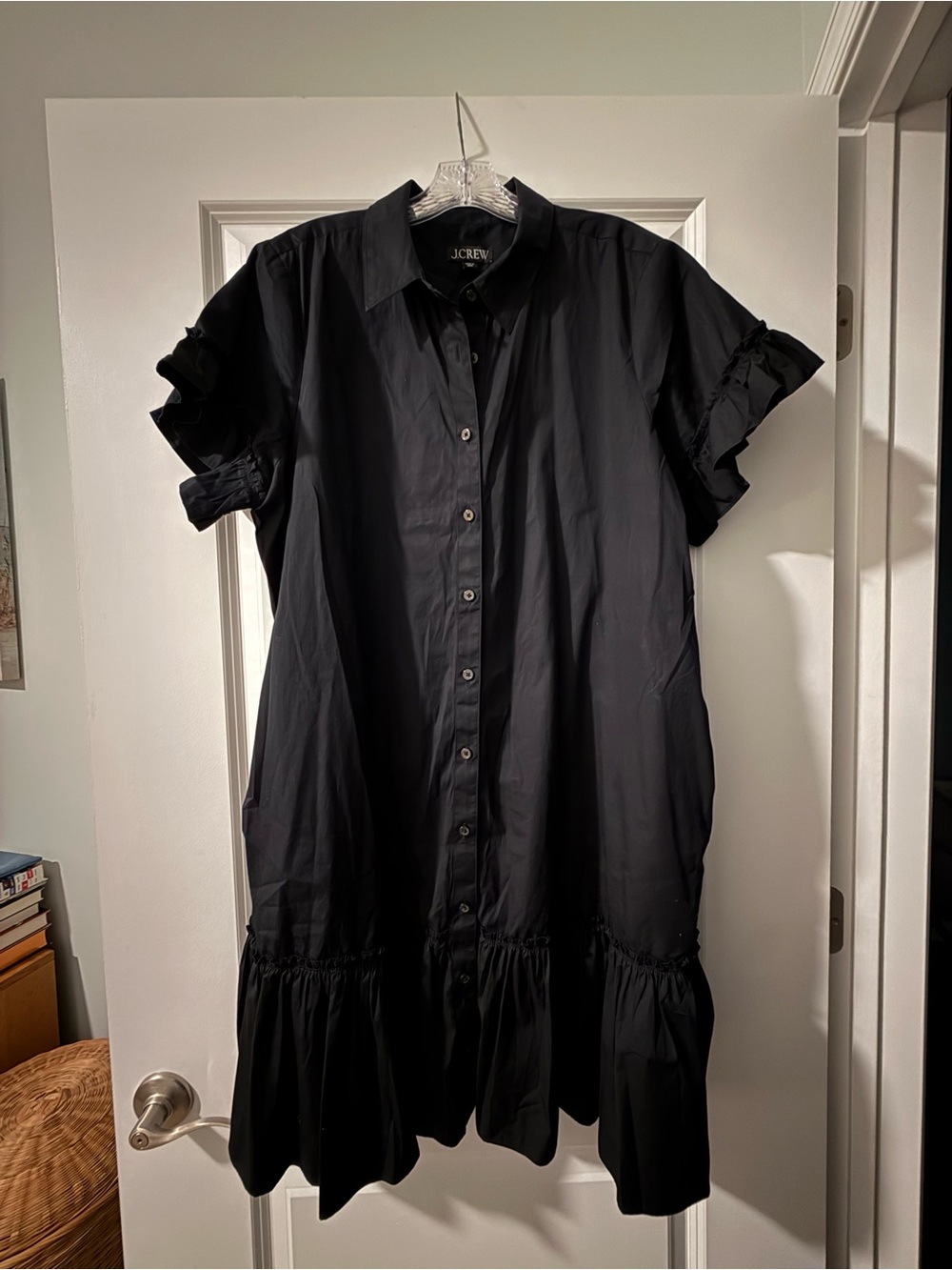 J. Crew Black Short-Sleeve Button-Front Ruffle-Hem Mini Dress